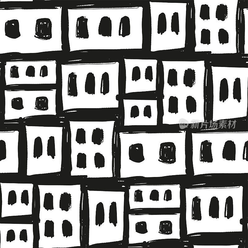 黑色轮廓的房子在贫民窟孤立在白色背景。单色无缝模式。矢量平面图形手绘插图。纹理。