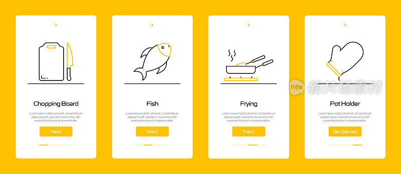在移动应用页面上使用扁平图标的烹饪概念。UI设计模板矢量插图