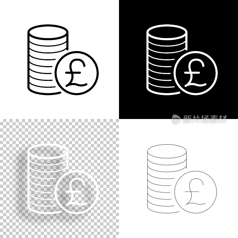 英镑硬币堆栈。图标设计。空白，白色和黑色背景-线图标