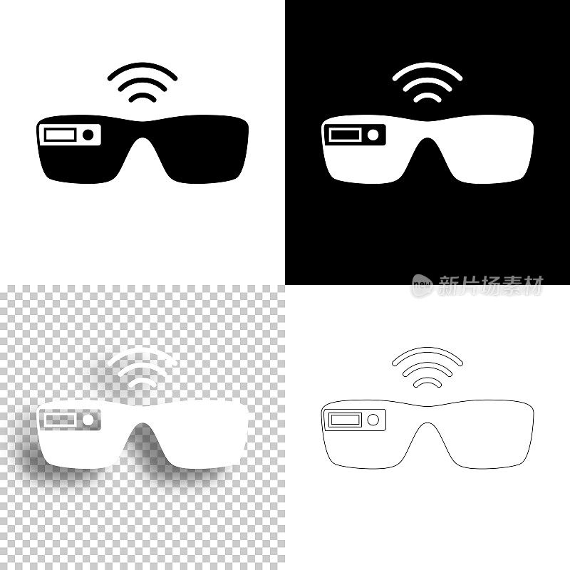 智能眼镜。图标设计。空白，白色和黑色背景-线图标