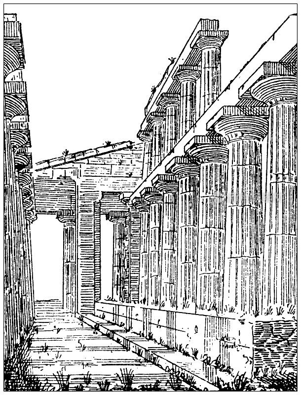 古玩插画:赫拉第二神庙，帕埃斯图姆(海神神庙)