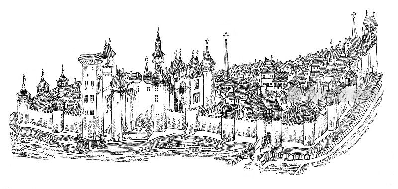 15世纪雕刻的法国小镇和城堡穆兰