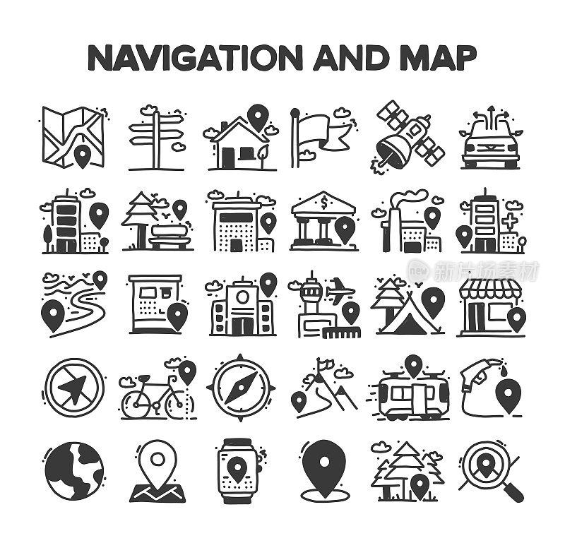 导航和地图相关的手绘矢量涂鸦图标集