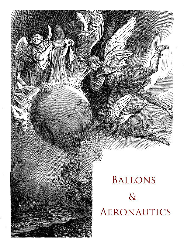 排印章页装饰关于气球和航空学与蒙古火，天使和神话人物