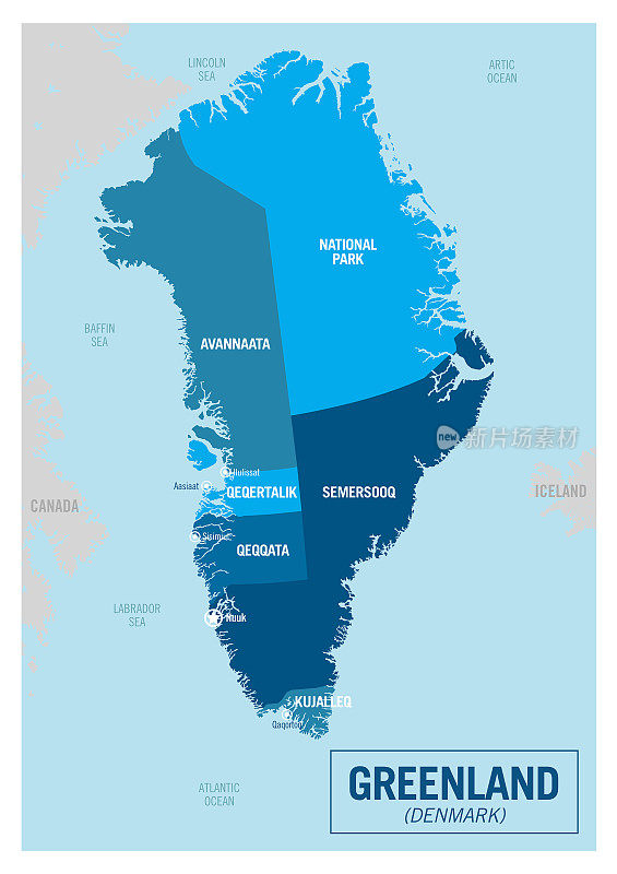 格陵兰岛，丹麦国家岛的政治地图。详细的矢量插图与孤立的国家，地区，岛屿和城市容易ungroup。