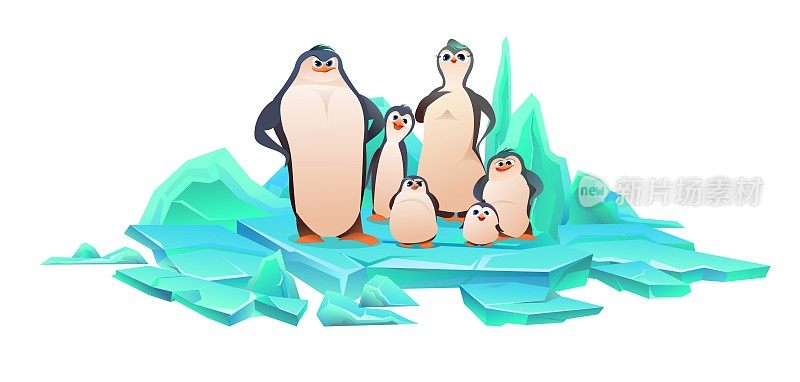 一群企鹅在浮冰上。父母和孩子是不同年龄和性格的小鸡。快乐的有趣的人。Koik风格。孤立的白色背景。向量