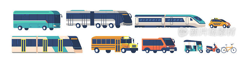 公共交通巴士，地铁，无轨电车和火车。校车，滑板车和自行车孤立在白色背景