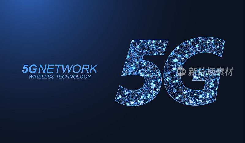 5G网络无线技术概念。5G网络横幅图标，用于商业和技术、信号、速度、网络、大数据、技术、物联网和交通图标。5G符号波流矢量