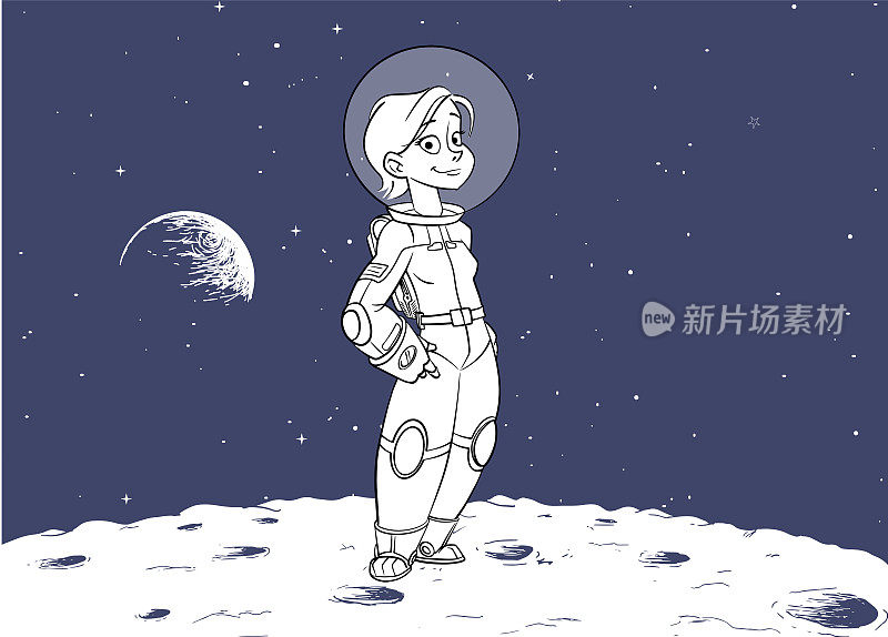 穿着太空服的女人女孩在太空卡通矢量月球上快乐