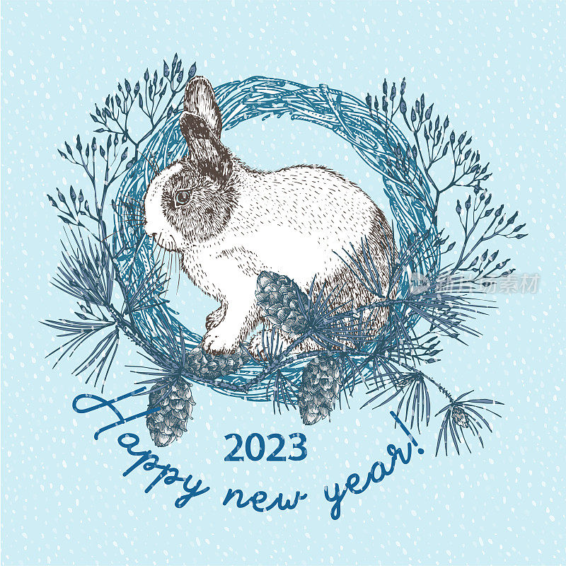 眼睛周围有黑点的白兔。中国新年的象征兔。坐在圣诞花环上的兔子。蓝色的新年贺卡。手绘雕刻草图。向量