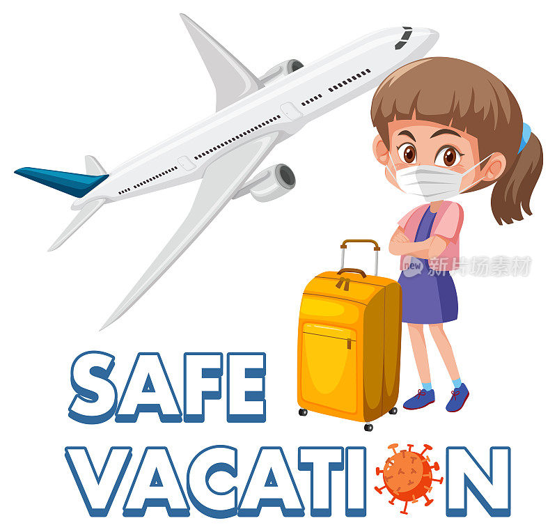 安全度假标志，游客女孩戴着口罩准备在covid-19大流行期间旅行
