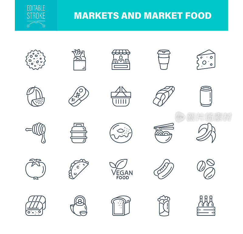 市场和市场食品图标可编辑中风。包含超市，水果，香蕉，农民市场的图标