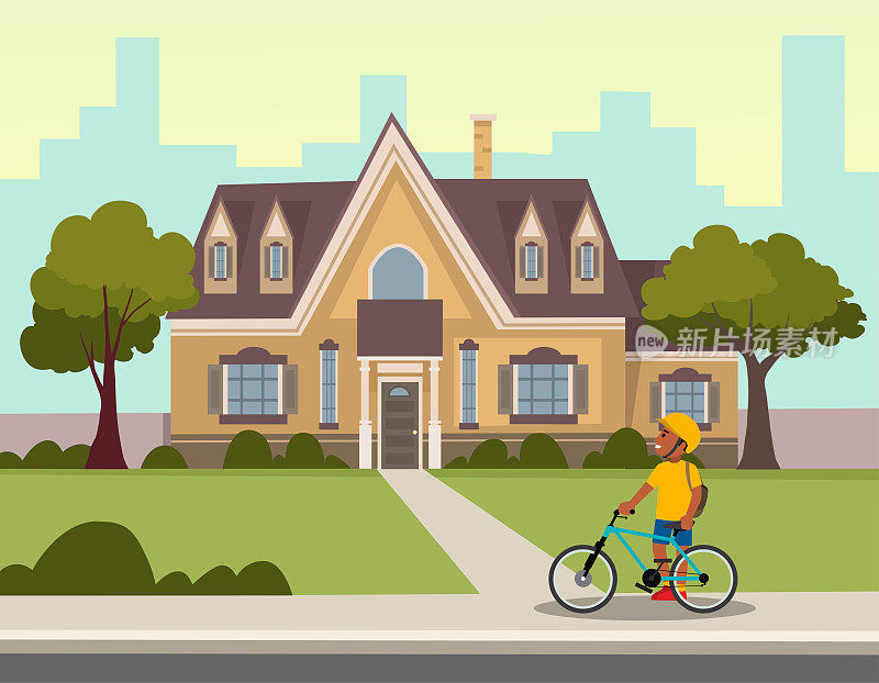 老的复古房子与男孩和自行车在前面平面矢量插图设计