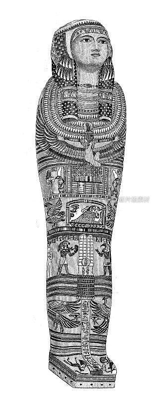 古董雕刻插图，文明:埃及神，石棺