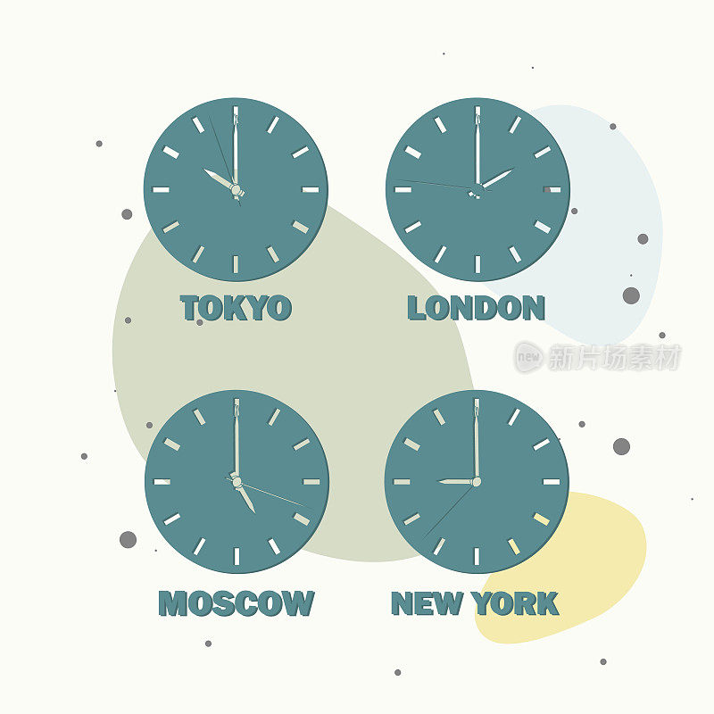 显示不同时区时差的一组时钟。时区时钟和国际时间多色背景。