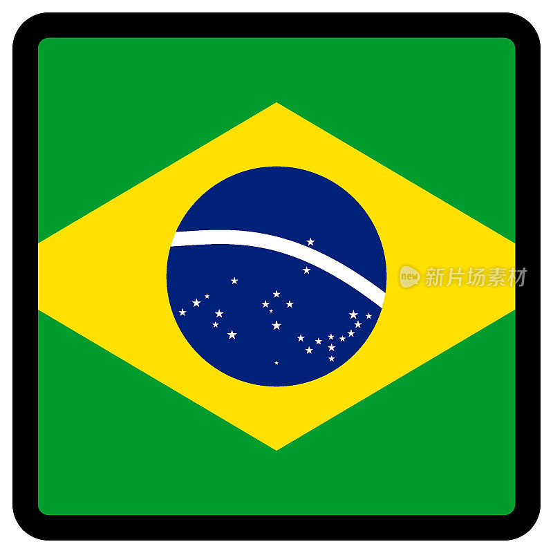 方形的巴西国旗，对比鲜明的轮廓，社交媒体交流标志，爱国主义，网站语言切换按钮，图标。