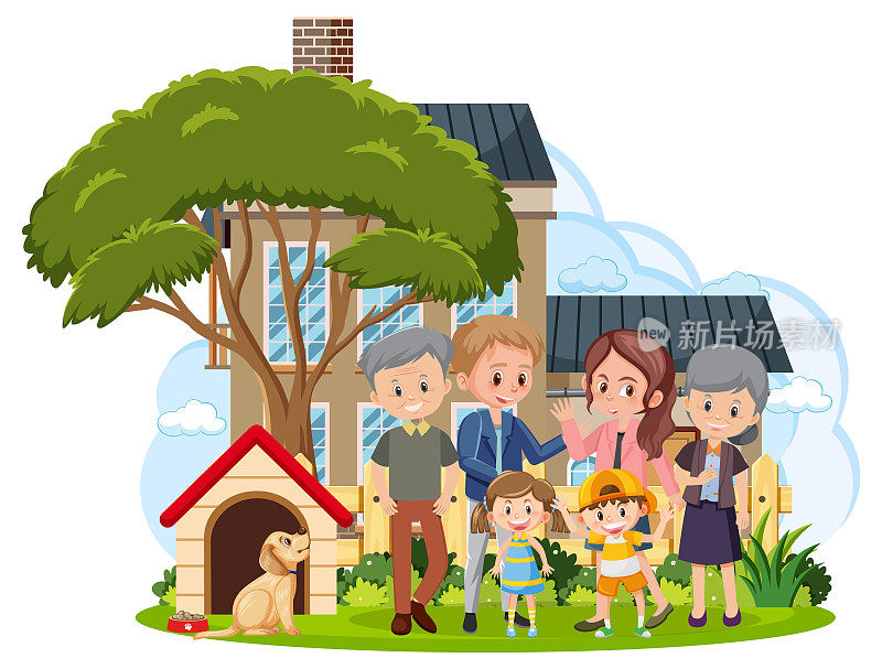 幸福的家庭在房子前面的白色背景