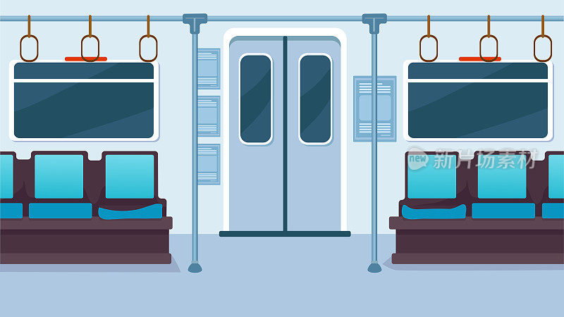 地铁列车内部矢量图。城市地下公共交通无乘客。空地铁概念设计。人们在城市巴士或电车平面矢量概念