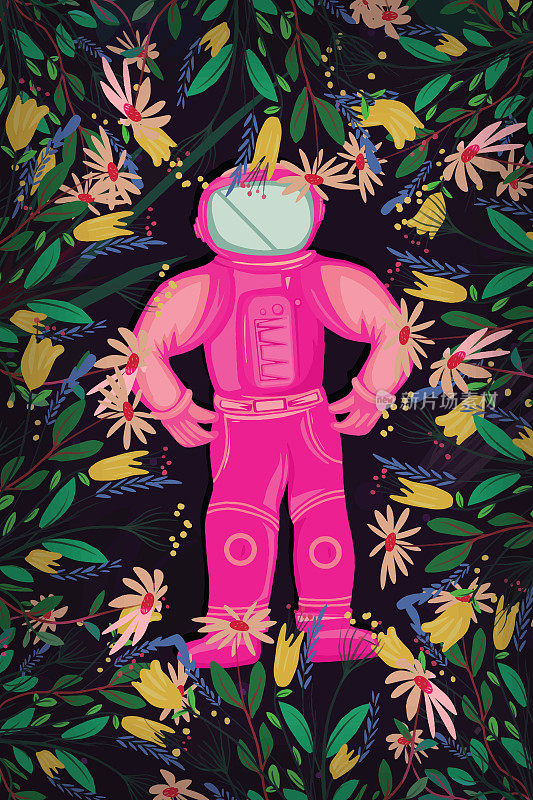 太空中的粉色宇航员和宇宙之花