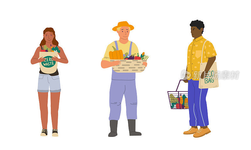 素食主义者和有机食品。卡通素食者搭配天然生态餐。快乐的人物拿着袋子和篮子里的蔬菜。健康的生活方式。杂货市场。矢量蔬菜设置