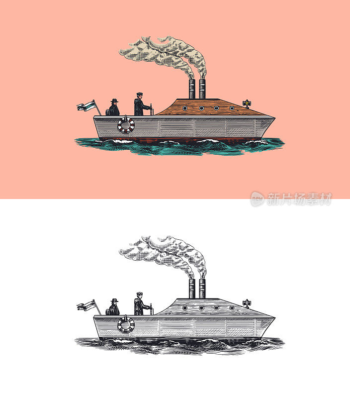 有水手的摩托艇。海船用蒸汽冒出烟管，航海用帆船。海洋水上运输和海员。复古风格的雕刻手画。