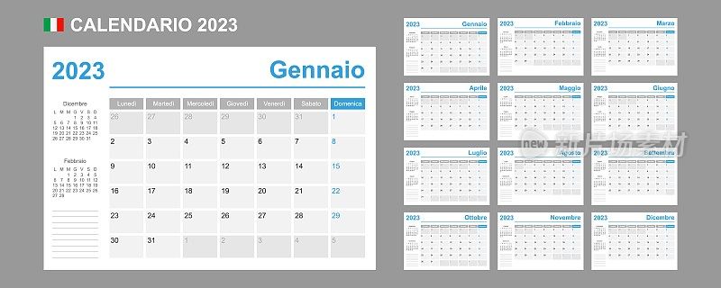 2023年的意大利日历。一周从周一开始。简单的向量模板。业务设计计划。