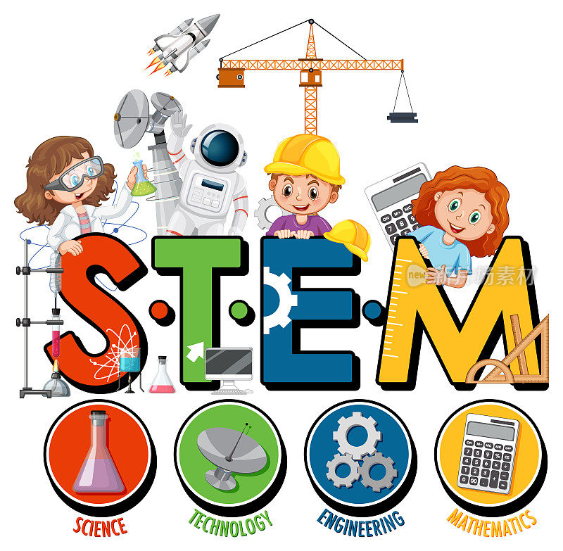 STEM教育标志与儿童卡通人物