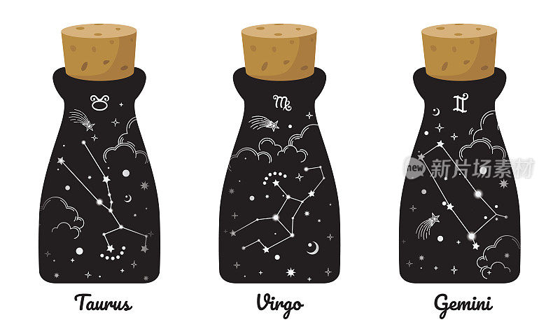金牛座、处女座和双子座的星座符号在黑色的瓶子中环绕着云、星星、深奥和波西奥风格。适合超能力者，塔罗牌占卜者和占星师