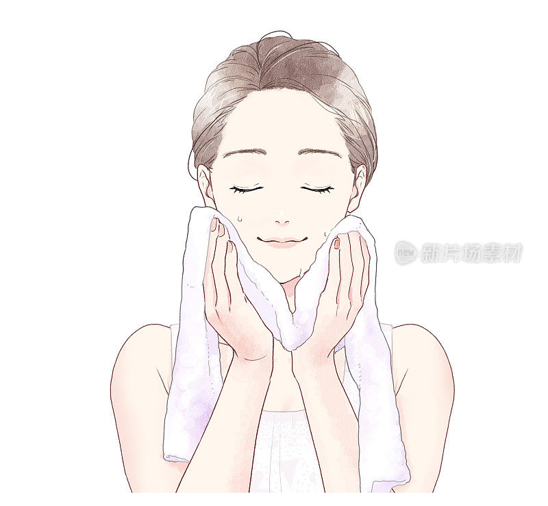 一个女人用毛巾擦脸的插图。