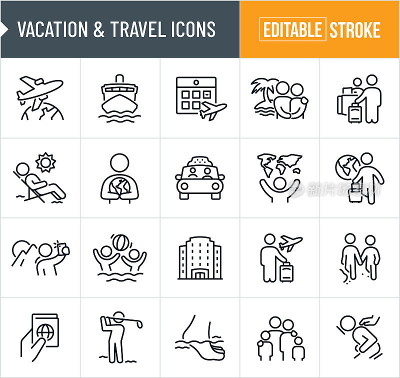 度假和旅行细线图标-可编辑笔画