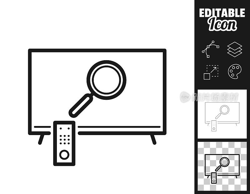 电视上的放大镜。图标设计。轻松地编辑