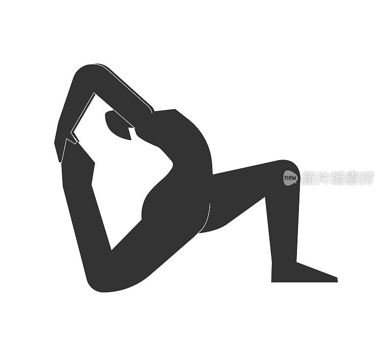 矢量孤立的插图与平面黑色轮廓的女性角色。爱运动的女子学习瑜伽姿势。健身运动-单腿王鸽姿势II