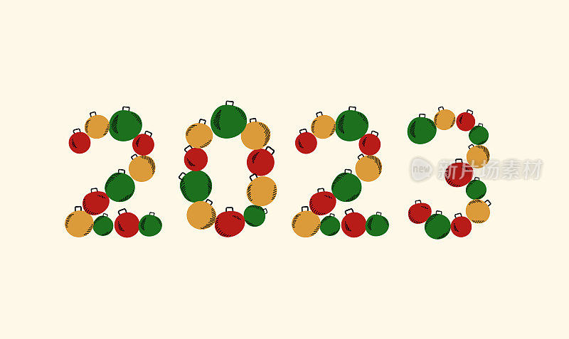 圣诞和新年卡片。彩色圣诞球制作的印有数字2023的海报。