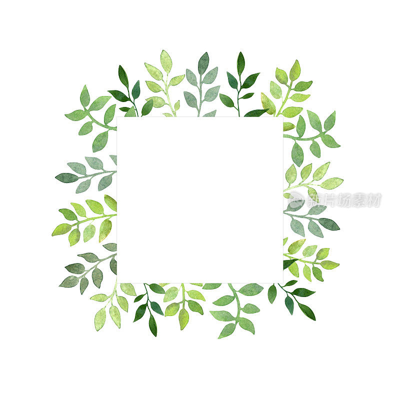 水彩手绘框架与绿叶和假发。非常适合用于邀请和卡片。