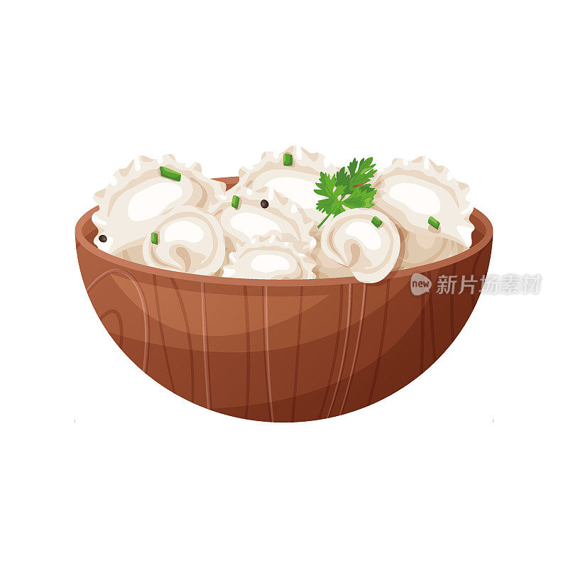 木碗里的卡通香草饺子。