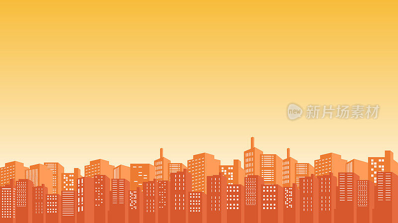 城市背景是高耸的摩天大楼和橙色的云