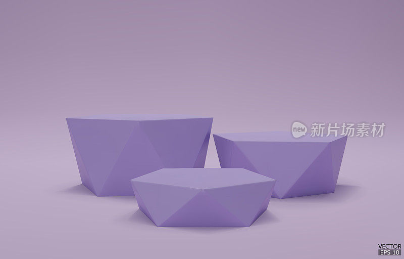 三维矢量几何台阶讲台。3紫色的六边形立方体，紫色的方形讲台在紫色的背景。概念场景舞台展示，产品，促销销售，横幅，化妆品。三维矢量插图。