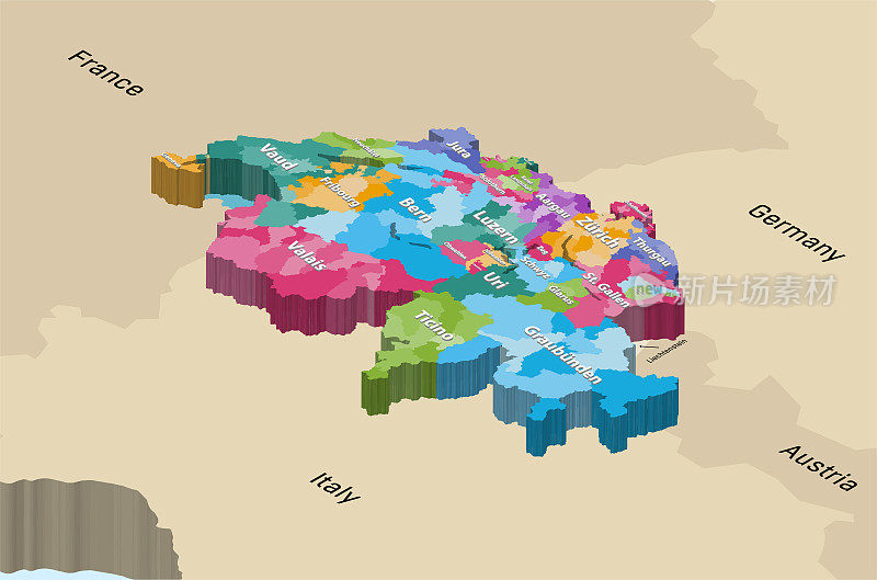瑞士各州等距彩色详细矢量地图与邻国