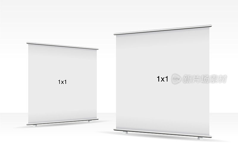 一套2个空的stand或rollup的横幅显示模型孤立的白色背景。演示或展览产品的展示模型。垂直空白卷立模板在1x1平方尺寸。