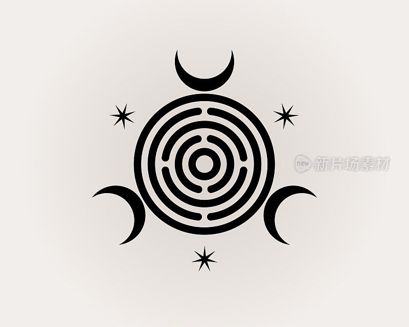 神圣几何，三重巫术女神精神希腊罗马。女巫巫术符号，神秘的迷宫，三弯月，黑色标志设计矢量隔离在白色背景上