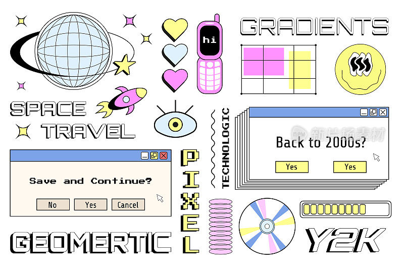 Y2K元素集，Y2K风格的矢量对象组，怀旧的插图，未来的对象，老式的文本。
