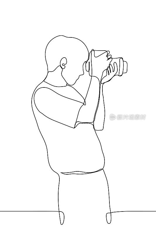 一个男性摄影师抱着相机的轮廓线画。透过相机，拍张照片或视频