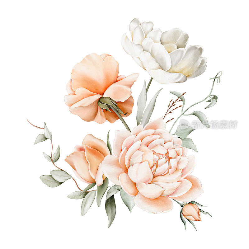 水彩花的花束有白色、桃红色、粉红色的花朵、绿色的叶子。插图，孤立的白色背景的婚礼请柬，明信片