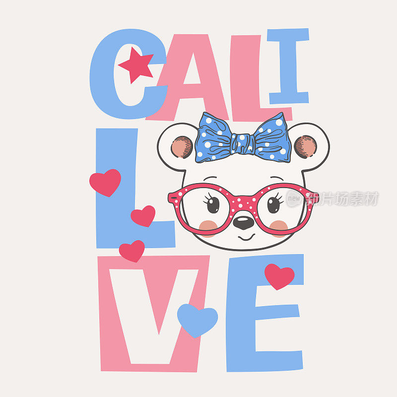 可爱的熊女孩脸戴眼镜，卡利爱的标语文字