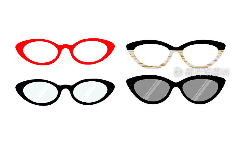 剪影一套猫眼睛眼镜，眼镜和太阳镜在平面矢量。