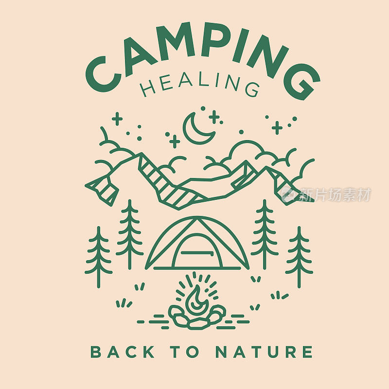 露营愈合复古单线场景插图包括帐篷，篝火，山，月亮之夜