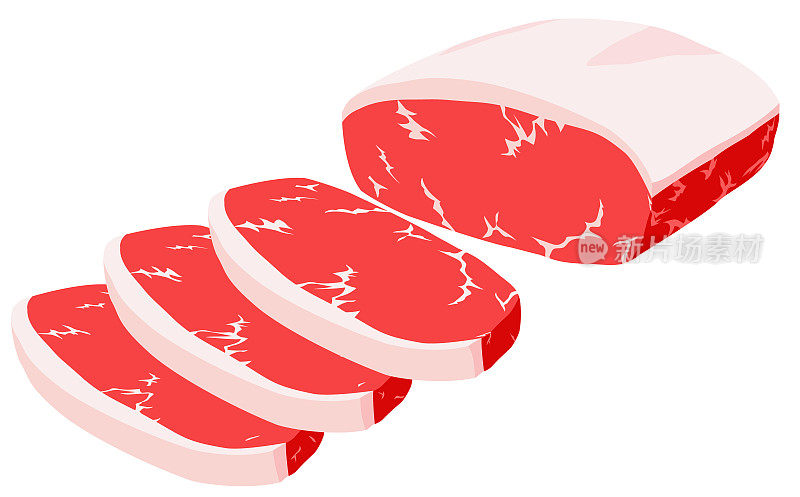 大块和切片的生牛肉在白色背景下