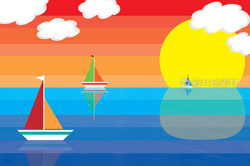 三艘船在海上，大太阳和云彩在五颜六色的背景。
