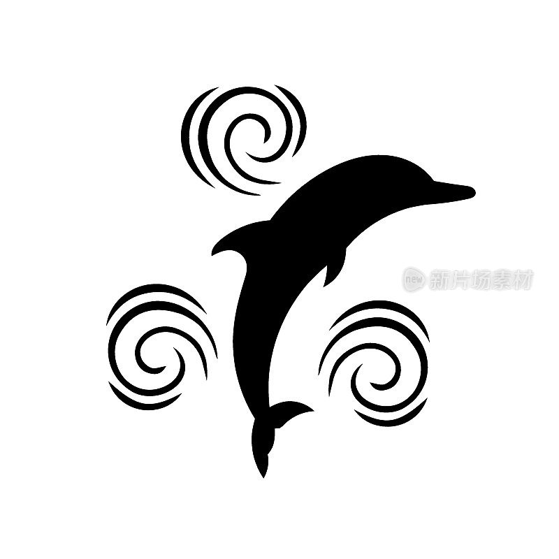 海豚的剪影与波浪。白色背景上海豚的黑色剪影。矢量插图。