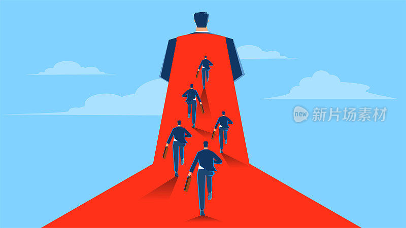 跟随商业巨头,商业领袖或行业权威,竞争优势,员工激励或管理,小商人跑步跟随巨人所穿的岬角